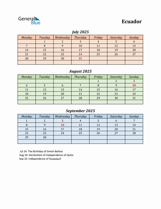 Q3 2025 Holiday Calendar - Ecuador