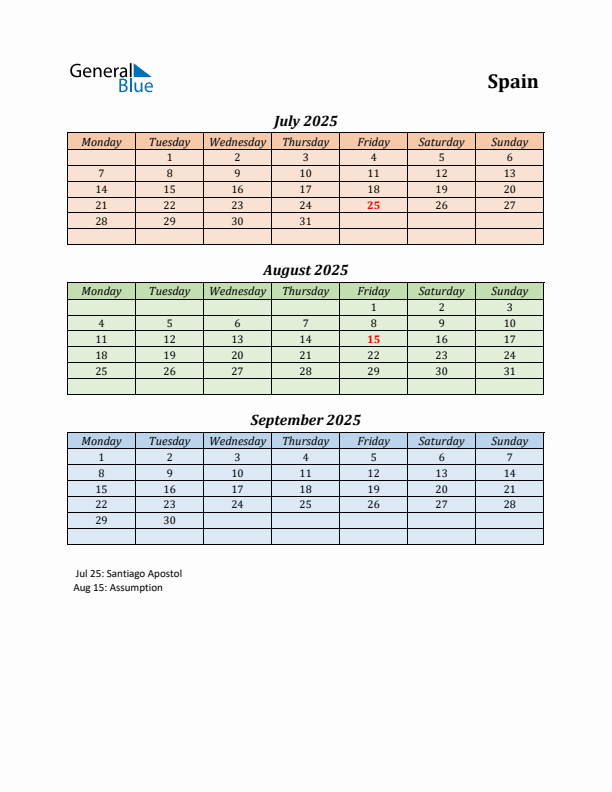 Q3 2025 Holiday Calendar - Spain