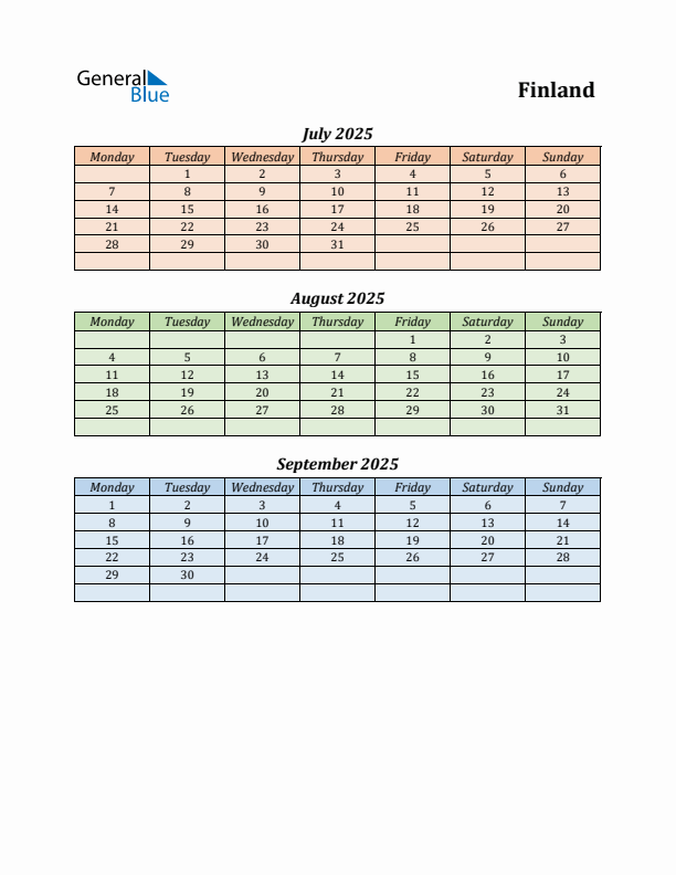 Q3 2025 Holiday Calendar - Finland