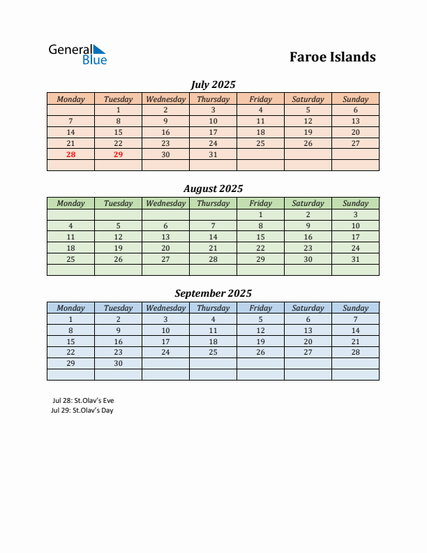 Q3 2025 Holiday Calendar - Faroe Islands