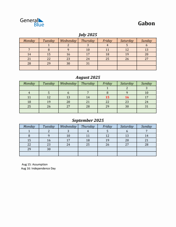 Q3 2025 Holiday Calendar - Gabon