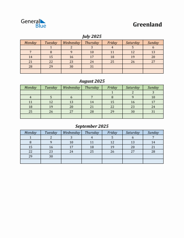 Q3 2025 Holiday Calendar - Greenland