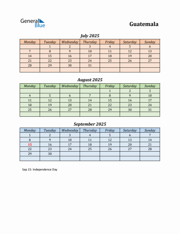 Q3 2025 Holiday Calendar - Guatemala