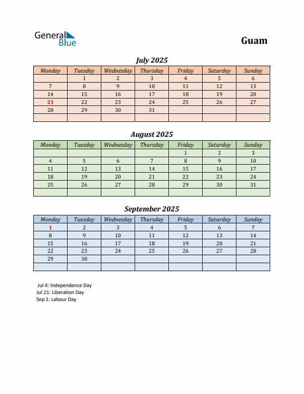 Q3 2025 Holiday Calendar - Guam