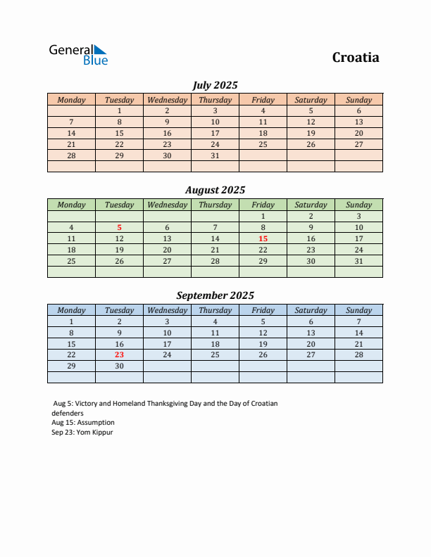 Q3 2025 Holiday Calendar - Croatia