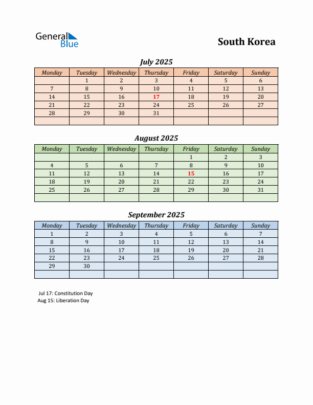 Q3 2025 Holiday Calendar - South Korea