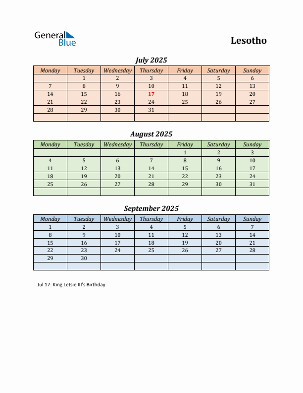 Q3 2025 Holiday Calendar - Lesotho