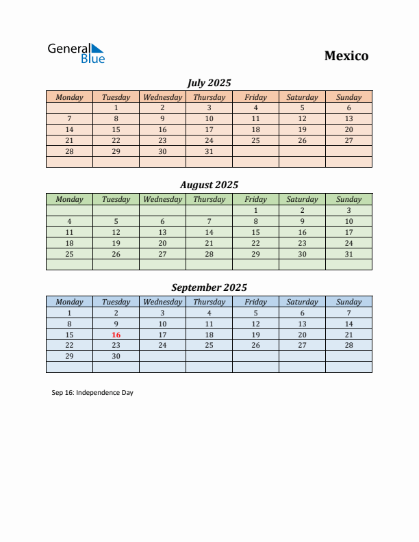 Q3 2025 Holiday Calendar - Mexico