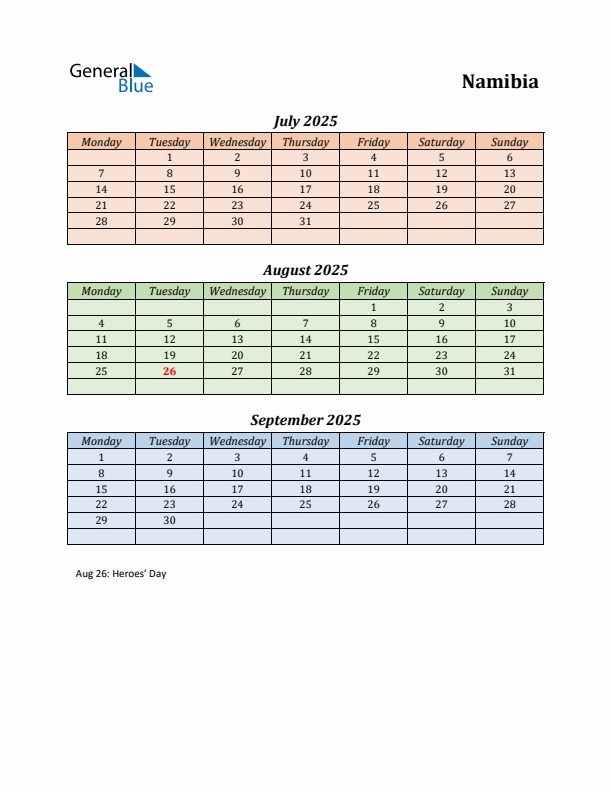 Q3 2025 Holiday Calendar - Namibia