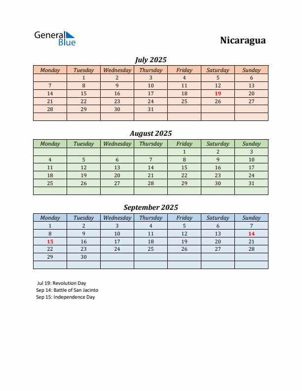 Q3 2025 Holiday Calendar - Nicaragua