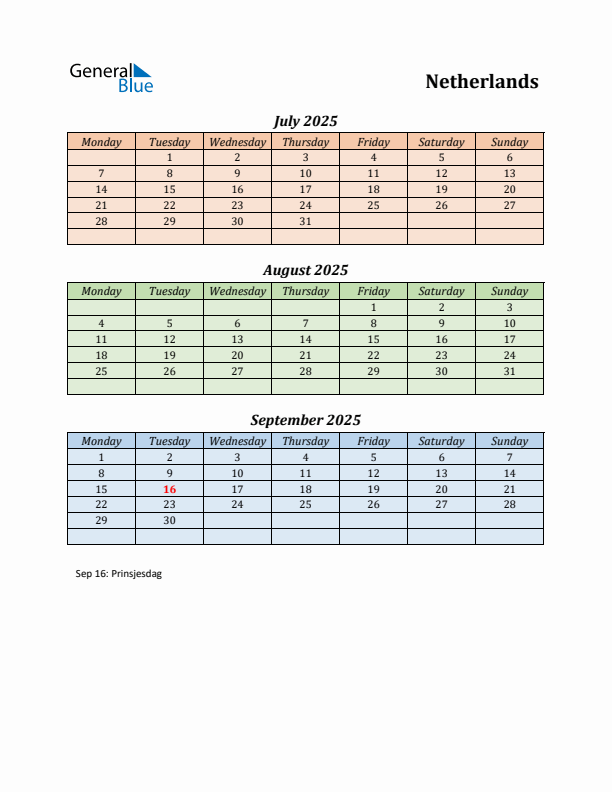 Q3 2025 Holiday Calendar - The Netherlands