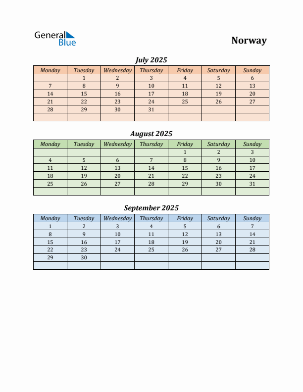 Q3 2025 Holiday Calendar - Norway