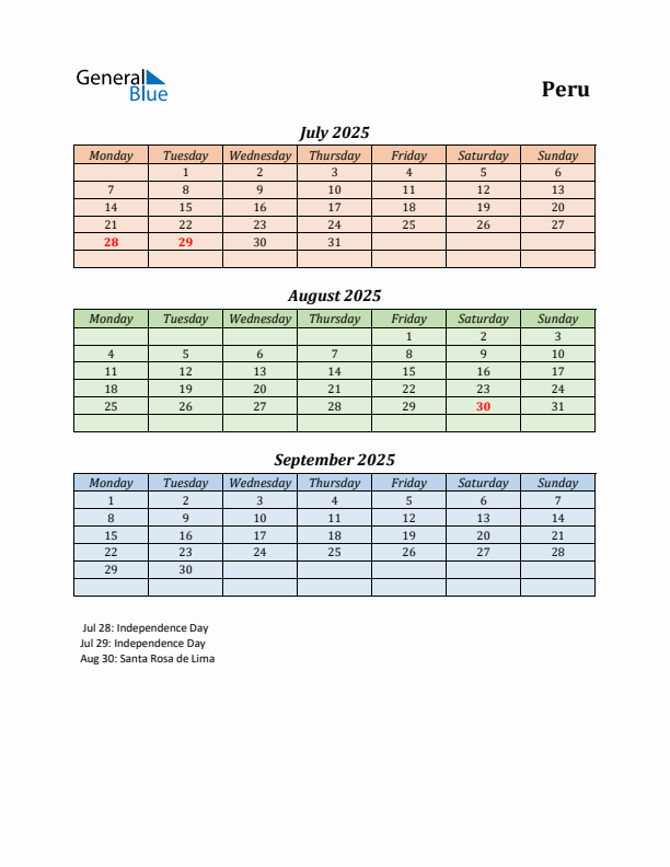 Q3 2025 Holiday Calendar - Peru