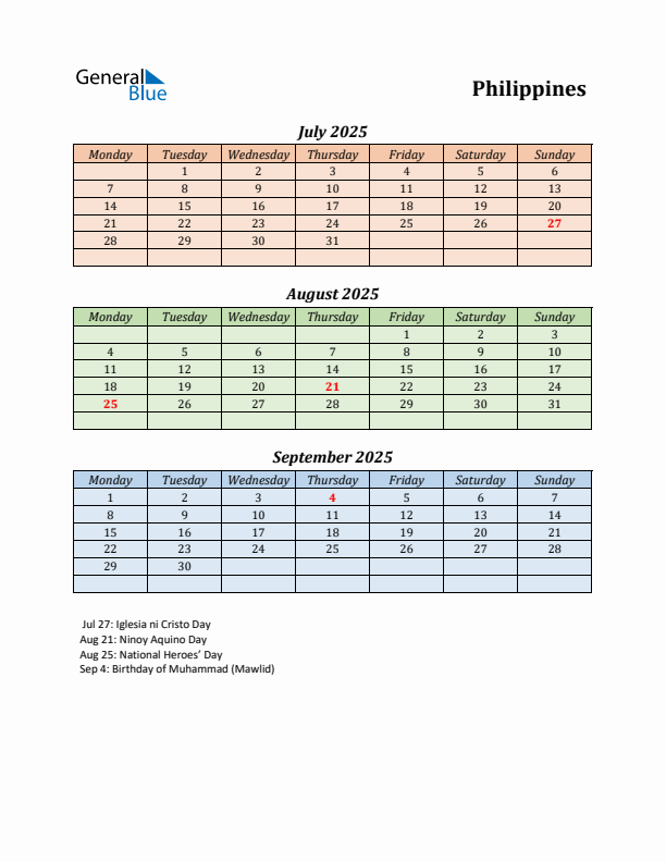 Q3 2025 Holiday Calendar - Philippines