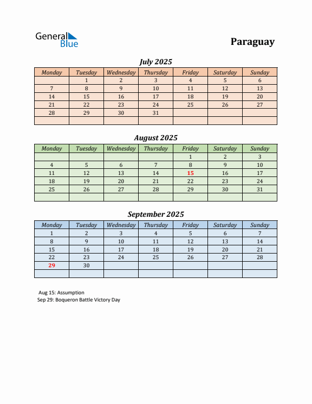 Q3 2025 Holiday Calendar - Paraguay