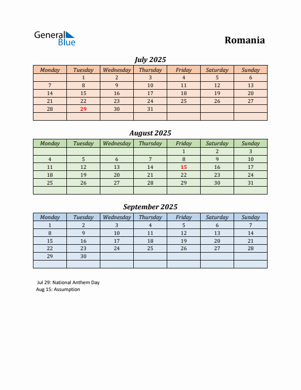 Q3 2025 Holiday Calendar - Romania