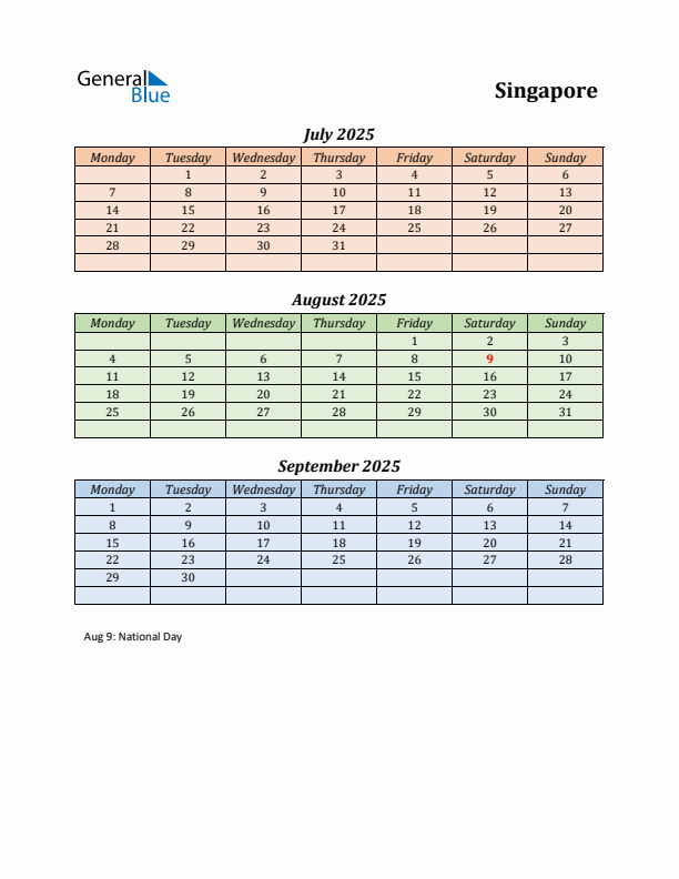 Q3 2025 Holiday Calendar - Singapore