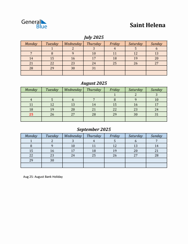 Q3 2025 Holiday Calendar - Saint Helena