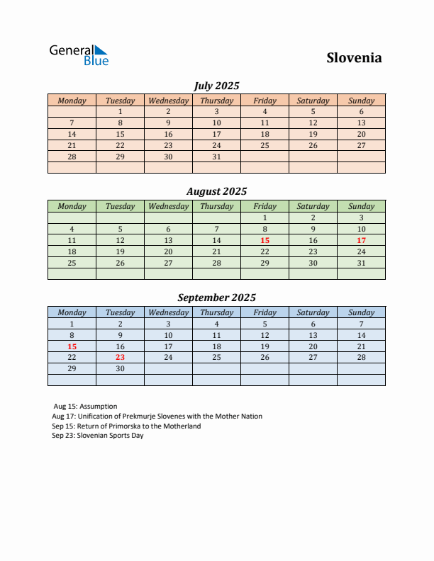 Q3 2025 Holiday Calendar - Slovenia