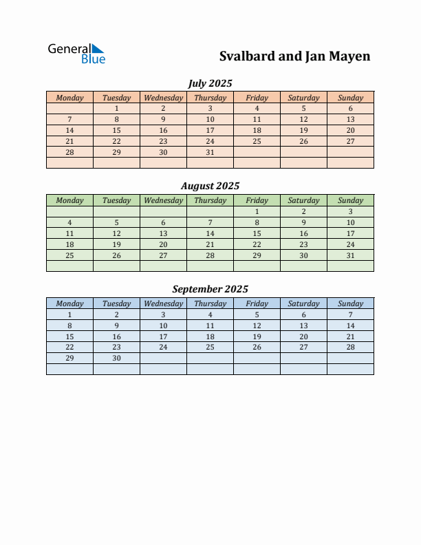 Q3 2025 Holiday Calendar - Svalbard and Jan Mayen