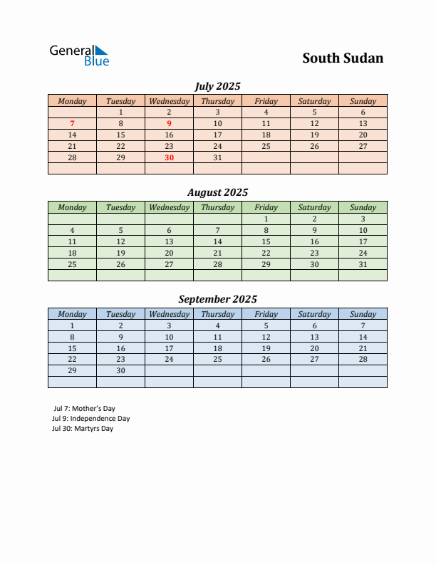 Q3 2025 Holiday Calendar - South Sudan