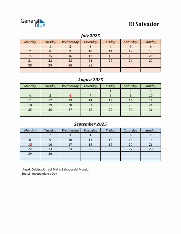 Q3 2025 Holiday Calendar - El Salvador