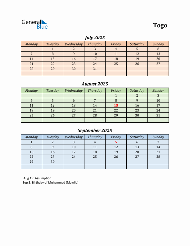 Q3 2025 Holiday Calendar - Togo