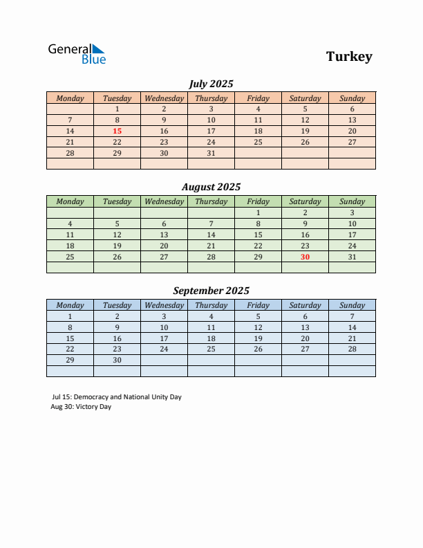 Q3 2025 Holiday Calendar - Turkey