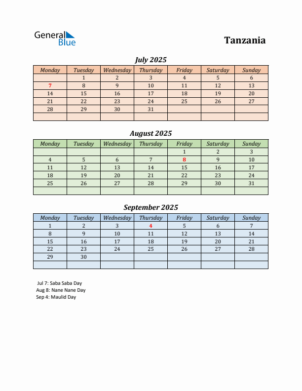 Q3 2025 Holiday Calendar - Tanzania