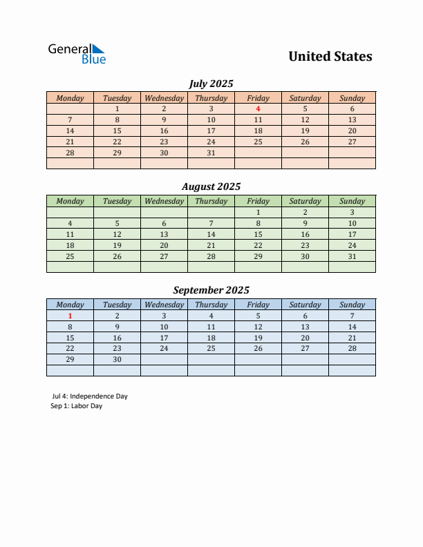 Q3 2025 Holiday Calendar - United States