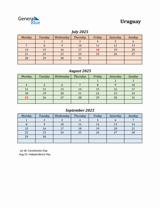 Q3 2025 Holiday Calendar - Uruguay