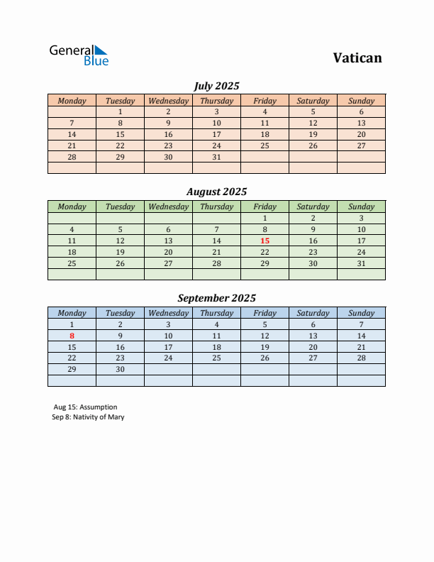 Q3 2025 Holiday Calendar - Vatican