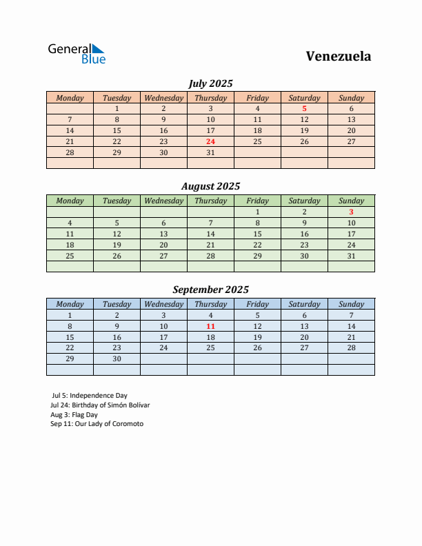 Q3 2025 Holiday Calendar - Venezuela