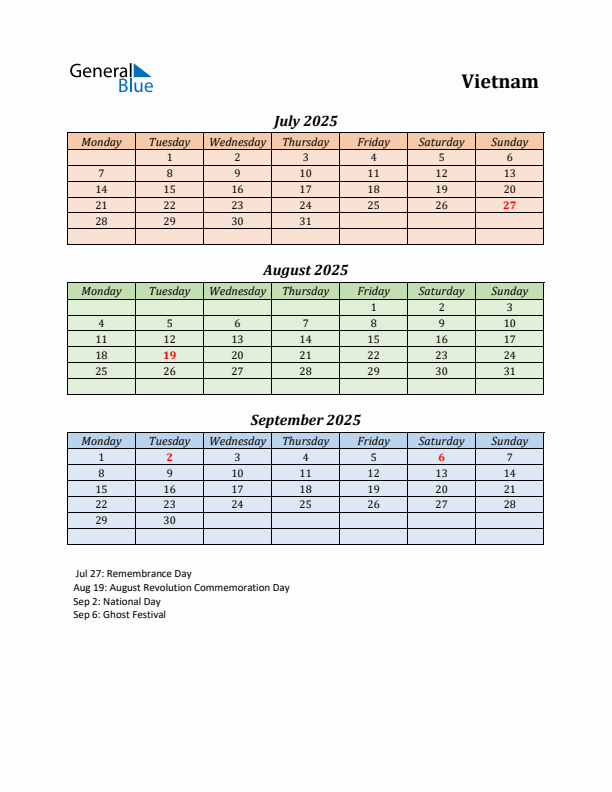 Q3 2025 Holiday Calendar - Vietnam