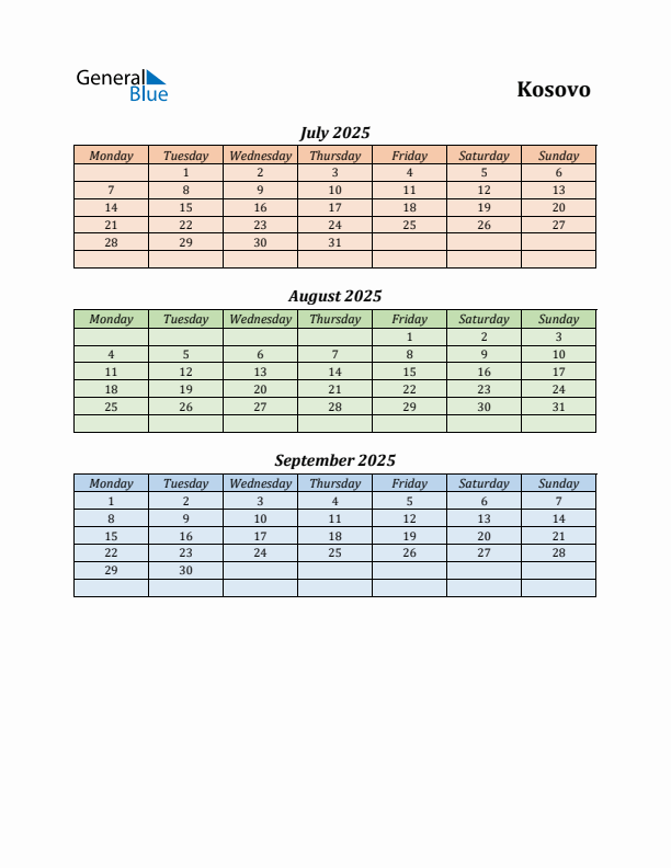 Q3 2025 Holiday Calendar - Kosovo