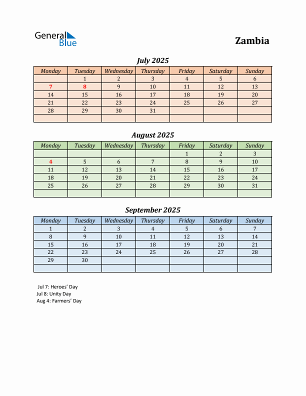 Q3 2025 Holiday Calendar - Zambia