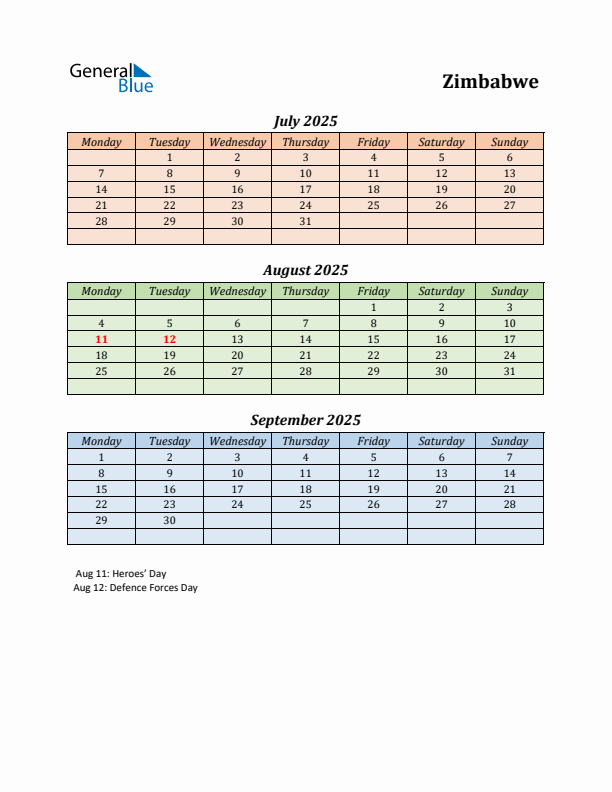 Q3 2025 Holiday Calendar - Zimbabwe