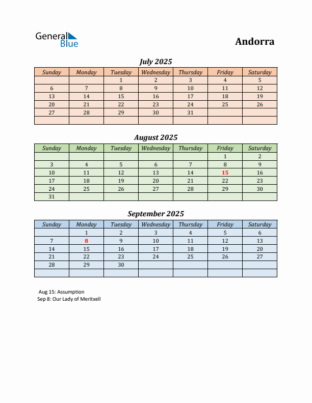 Q3 2025 Holiday Calendar - Andorra