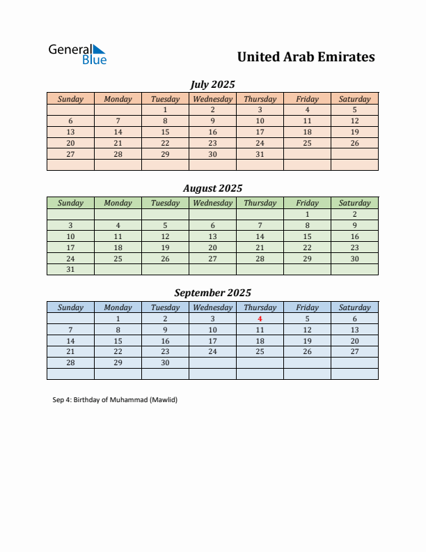 Q3 2025 Holiday Calendar - United Arab Emirates