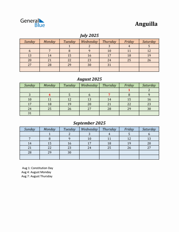 Q3 2025 Holiday Calendar - Anguilla