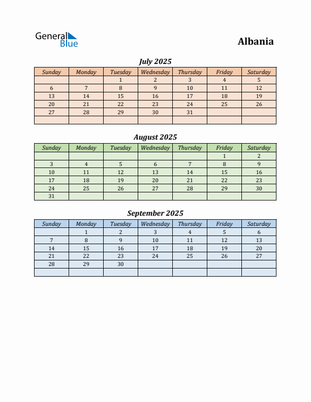 Q3 2025 Holiday Calendar - Albania