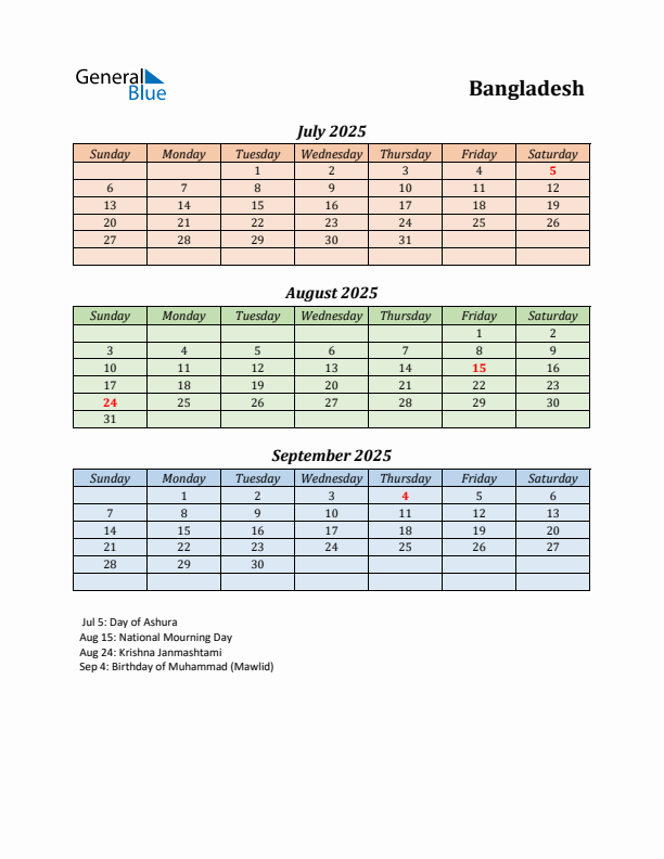 Q3 2025 Holiday Calendar - Bangladesh