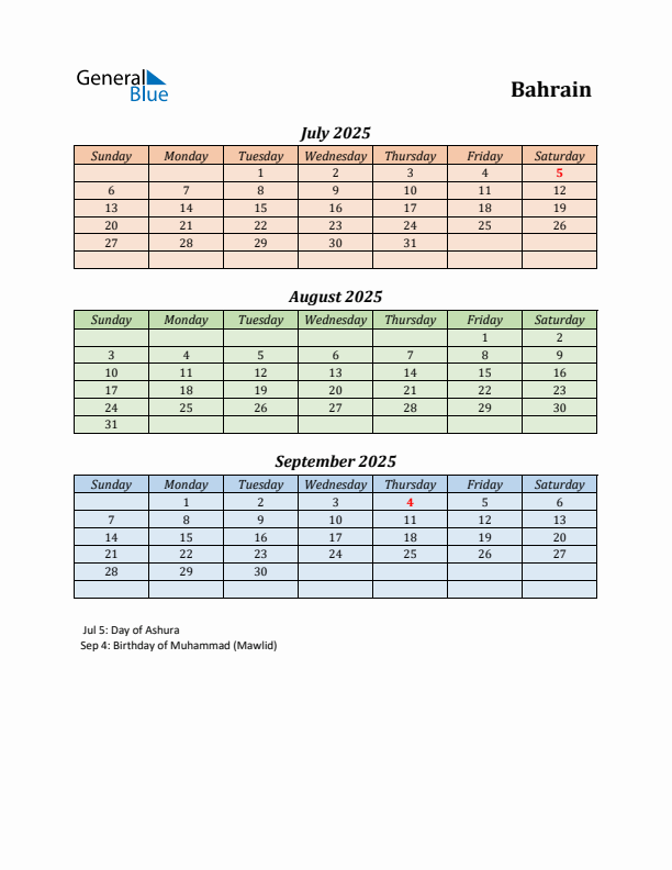 Q3 2025 Holiday Calendar - Bahrain