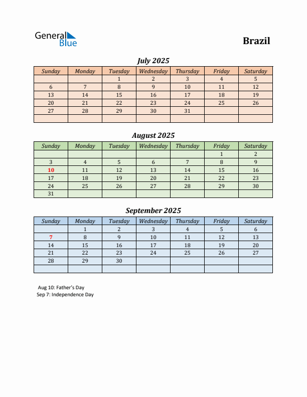 Q3 2025 Holiday Calendar - Brazil