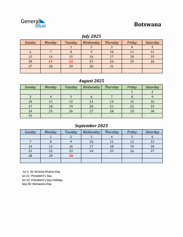 Q3 2025 Holiday Calendar - Botswana