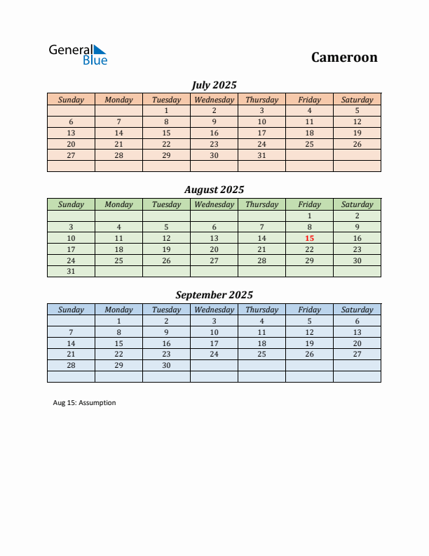 Q3 2025 Holiday Calendar - Cameroon