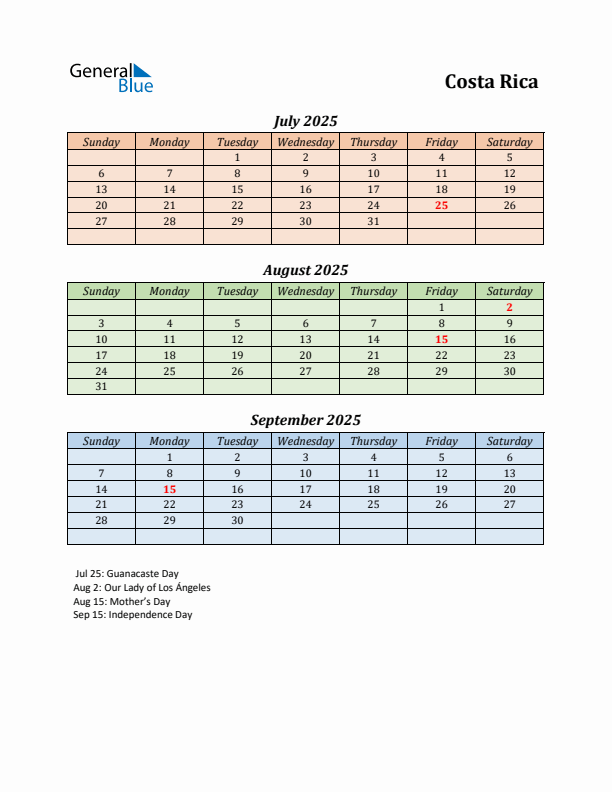 Q3 2025 Holiday Calendar - Costa Rica