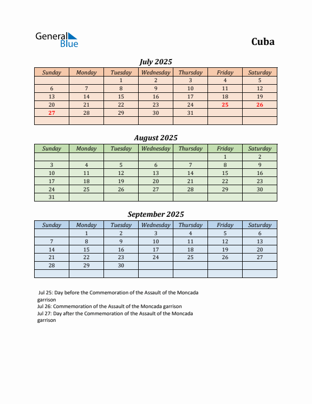 Q3 2025 Holiday Calendar - Cuba