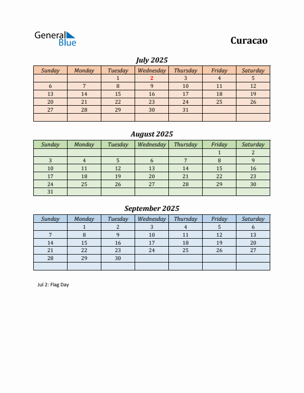 Q3 2025 Holiday Calendar - Curacao