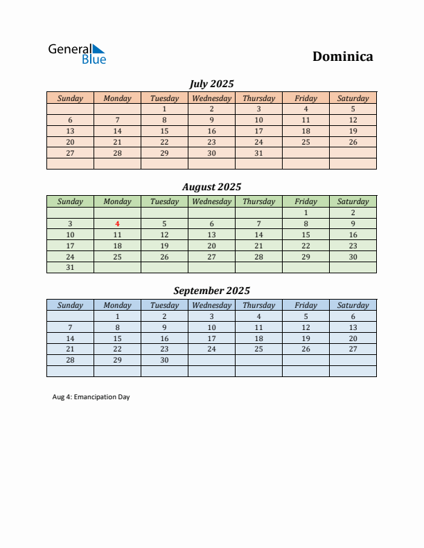 Q3 2025 Holiday Calendar - Dominica